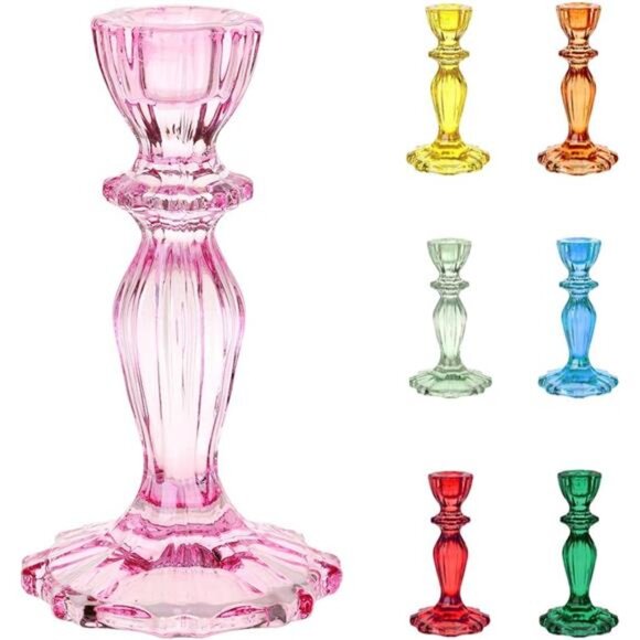 Boho Pink Glass Candlestick Holder Height 16cm OneSize Glass Candle Holder,Large - Picture 1 of 7